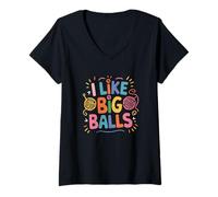 Donna I Like Big Balls Frase Divertente Uncinetto Maglietta con Collo a V