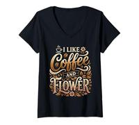 Donna I Like Coffee And Flower Caffeina Floreale Maglietta con Collo a V
