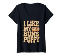 Donna I Like My Buns Puffy Funny Baker 70s Retro Cannella Roll Maglietta con Collo a V