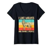 Donna I Like Wolves And Maybe 3 People Lupo Retro Frase Sarcasmo Maglietta con Collo a V
