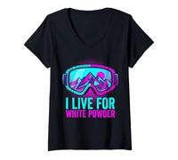 Donna I Live for White Powder Retro 80s Maschera da Sci Snowboard Maglietta con Collo a V