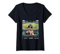 Donna I Live Here Now Funny Pitbull Funny Baseball Field Meme Maglietta con Collo a V