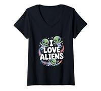 Donna I Love Aliens Carino Cartoon Astronauti Divertimento Maglietta con Collo a V