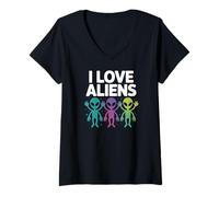 Donna I Love Aliens Galactic Humor Spazio Divertimento Maglietta con Collo a V