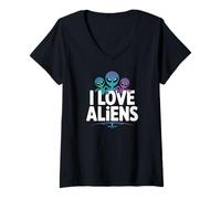 Donna I Love Aliens Outer Space Adventure Maglietta con Collo a V