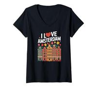Donna I Love Amsterdam Cuore Tulipani Case Maglietta con Collo a V