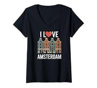 Donna I Love Amsterdam Heart Canal Houses Maglietta con Collo a V