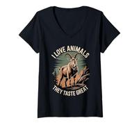 Donna I Love Animals They Taste Great Carnivore Meat Puns - Maglietta con Collo a V