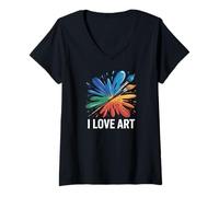 Donna I Love Art - Pennello colorato con schizzi Maglietta con Collo a V