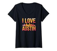 Donna I Love Austin Vibrant Skyline Tributo Maglietta con Collo a V
