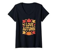 Donna I Love Autumn Fall Zucca Foglie Magiche Maglietta con Collo a V