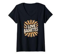 Donna I Love Baguettes Grafica per Amanti del Pane Francese Maglietta con Collo a V