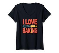 Donna I Love Baking Frusta Mattarello Design Carino Maglietta con Collo a V