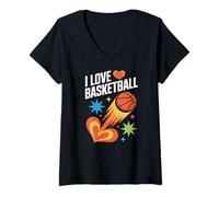 Donna I Love Basketball Shooting Stars Cuore Maglietta con Collo a V