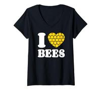 Donna I Love Bees Cuore A Nido d'Ape Ventaglio Maglietta con Collo a V