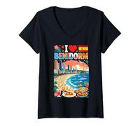 Donna I Love Benidorm Spagna Vacanza al Mare Souvenir da Viaggio Maglietta con Collo a V