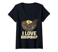 Donna I Love Bibimbap Cartoon K-Food Amante Amore Coreano Cibo Maglietta con Collo a V