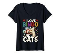 Donna I Love Bingo And Cats Maglietta Divertente Gatto e Bingo Maglietta con Collo a V