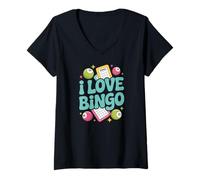 Donna I Love Bingo Colorful Balls Divertente Gioco Maglietta con Collo a V
