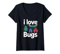 Donna I Love Bugs - Disegno colorato con Insetti Maglietta con Collo a V