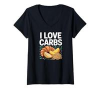 Donna I Love Carbs Pane Pasta Eccentrico Divertimento Maglietta con Collo a V