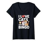 Donna I Love Cats And Bingo Adorabile Felino Divertimento Maglietta con Collo a V