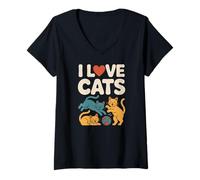 Donna I Love Cats Playful Kittens Gomitolo di Filato Maglietta con Collo a V