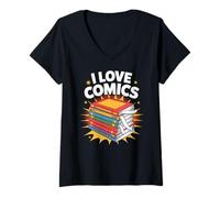Donna I Love Comics Appassionato di fumetti Maglietta con Collo a V