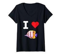 Donna I Love Copperband Farfalla Beaked Reef Fish Tropical Maglietta con Collo a V