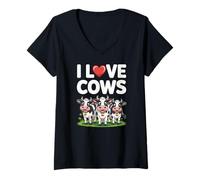 Donna I Love Cows Carino Cartone Animato Bestiame Umorismo Maglietta con Collo a V