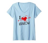 Donna I Love Cracovia Polonia Cuore Polacco Souvenir Maglietta con Collo a V