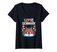 Donna I Love Denmark Nordic Tulips Palace Swans Maglietta con Collo a V