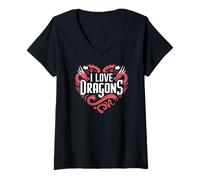 Donna I Love Dragons Cuore Twin Red Dragons Maglietta con Collo a V
