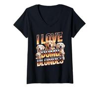Donna I Love Dumb Blondes Golden Retriever Labrador Humor Maglietta con Collo a V