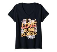 Donna I Love Dumb Blondes Golden Retriever Labrador Humor Maglietta con Collo a V