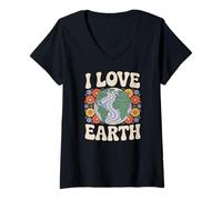 Donna I Love Earth Floral Globe Eco Messaggio Maglietta con Collo a V