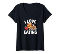 Donna I Love Eating Pizza Pancakes Fragola Design Maglietta con Collo a V