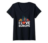Donna I Love Europe Adventure Landmarks Tour Maglietta con Collo a V