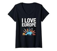 Donna I Love Europe Design iconici Maglietta con Collo a V