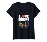 Donna I Love Europe Luoghi d'interesse Eiffel Colosseo Big Ben Maglietta con Collo a V