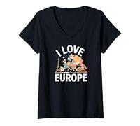 Donna I Love Europe Map Torre Eiffel Colosseo Maglietta con Collo a V
