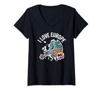Donna I Love Europe Monumenti Europei Mappa Maglietta con Collo a V