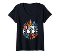 Donna I Love Europe Monumenti iconici Travel Pride Maglietta con Collo a V