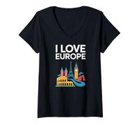 Donna I Love Europe Monumenti iconici Viaggi Maglietta con Collo a V