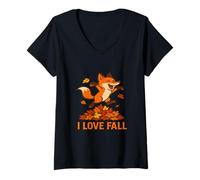 Donna I Love Fall Fox - Simpatico Animale Autunnale Maglietta con Collo a V