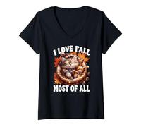 Donna I Love Fall Most of all Cute Kitten for Cat Mom Autumn Cat Maglietta con Collo a V
