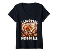 Donna I Love Fall Most of all Puppy Graphic with Golden Retriever Maglietta con Collo a V