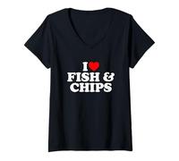 Donna I Love Fish And Chips, I Heart Fish And Chips Maglietta con Collo a V