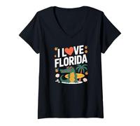 Donna I Love Florida Alligator Tavola da Surf Palme Maglietta con Collo a V