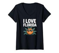 Donna I Love Florida Happy Orange Con Occhiali Da Sole Maglietta con Collo a V